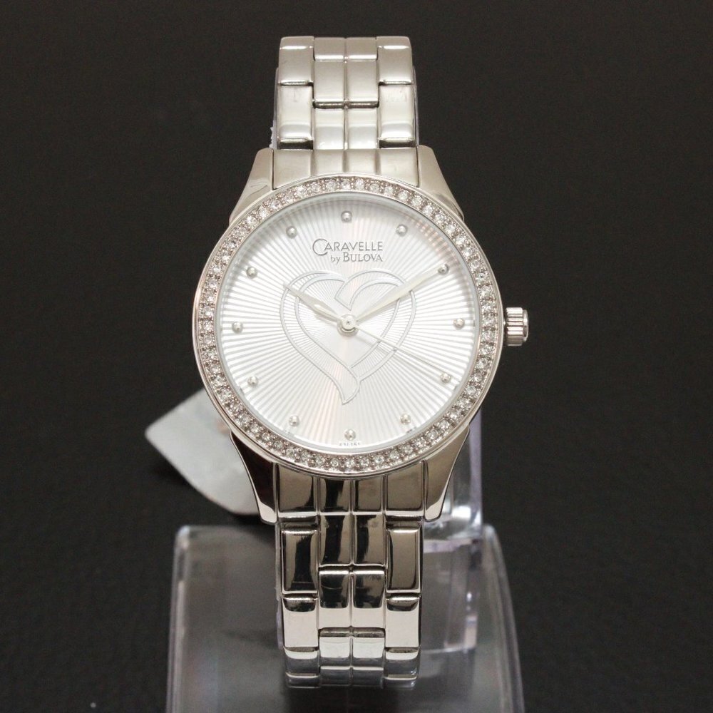 Caravelle Ladies Crystal Bezel Watch By Bulova Silver Tone Silver Heart Dial 32 - Picture 3 of 13